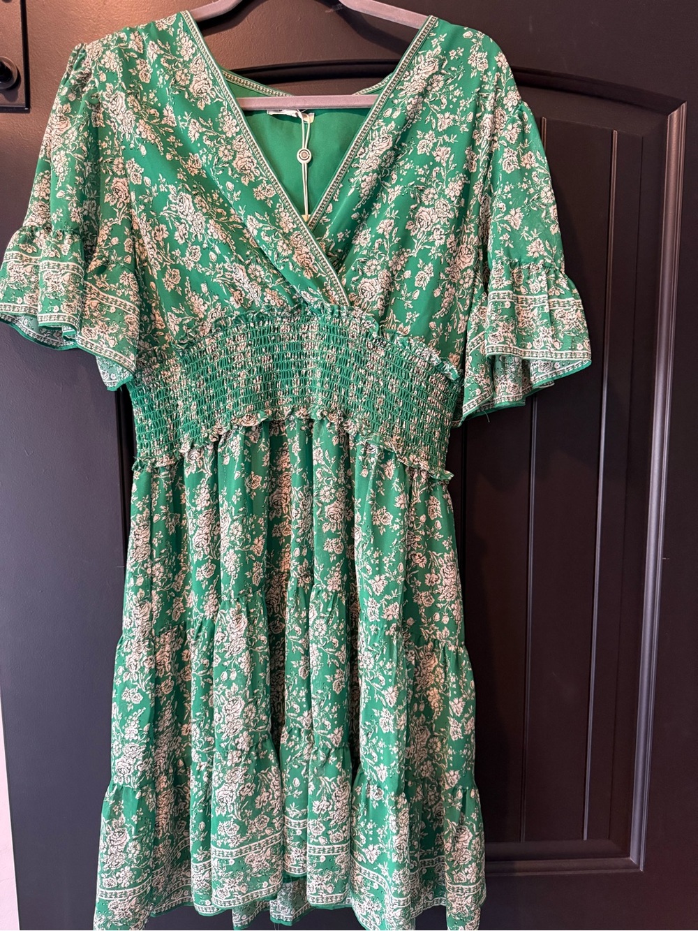 Max Studio Green Floral Smocked Mini Dress Boho Cottagecore Size Large NWT